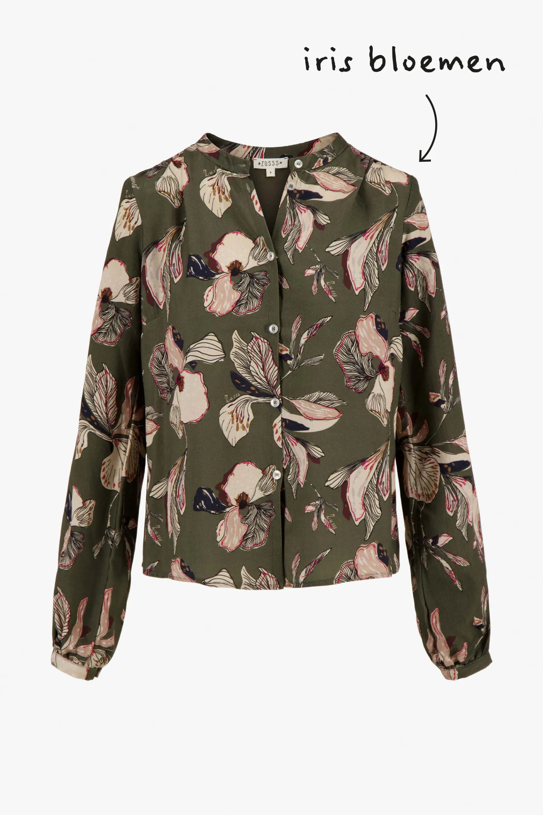 zusss blouse met iris bloemen print donkergroen