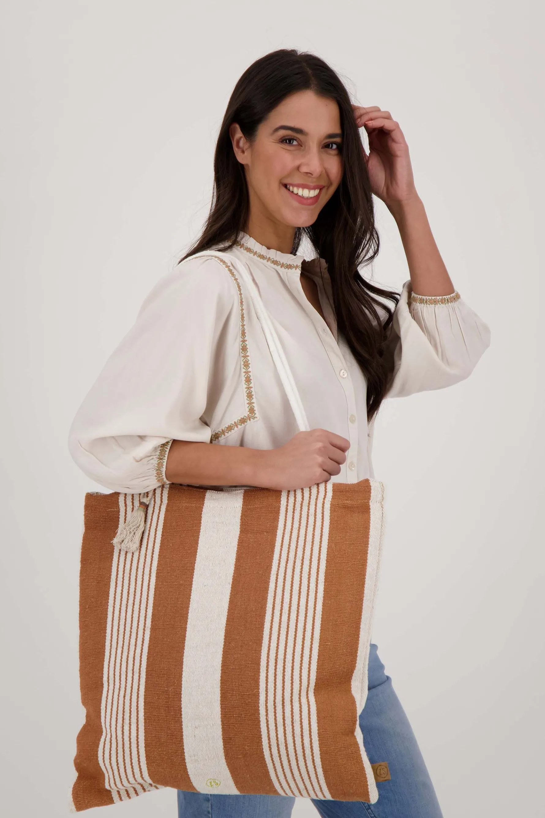 zusss gestreepte tas camel/ecru