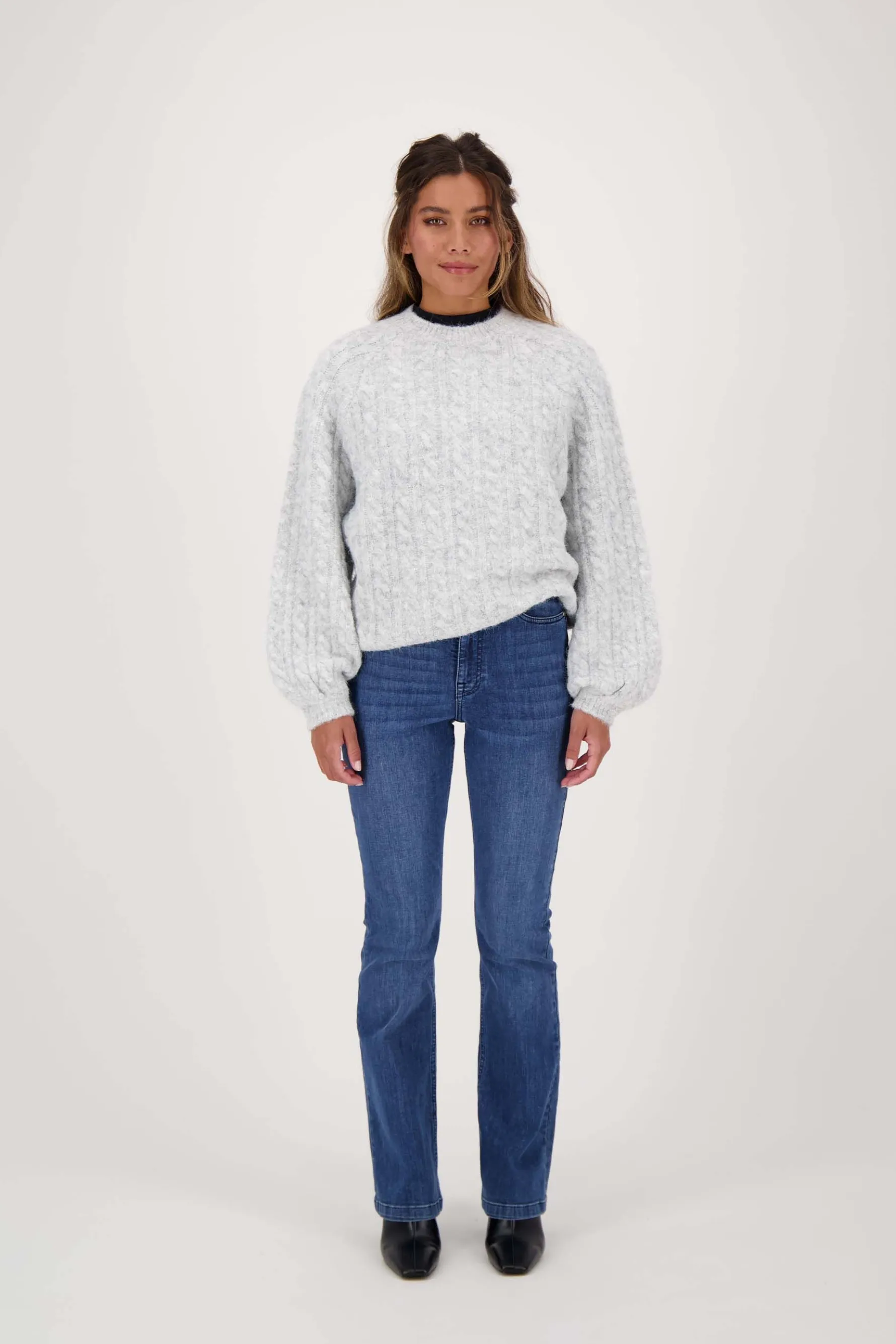 zusss kabel trui met ballonmouw lichtgrijs