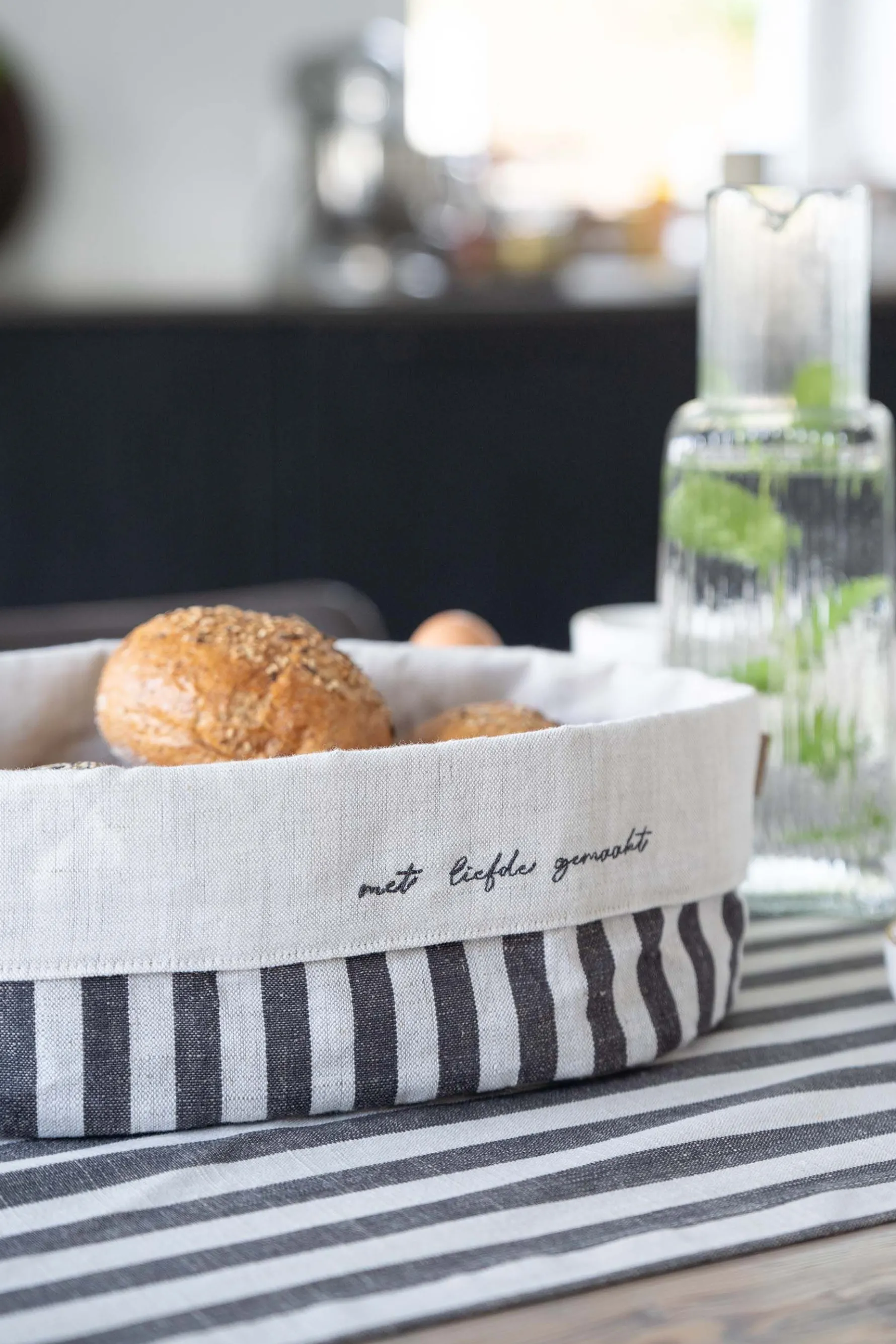 zusss linnen mandje strepen L antracietgrijs