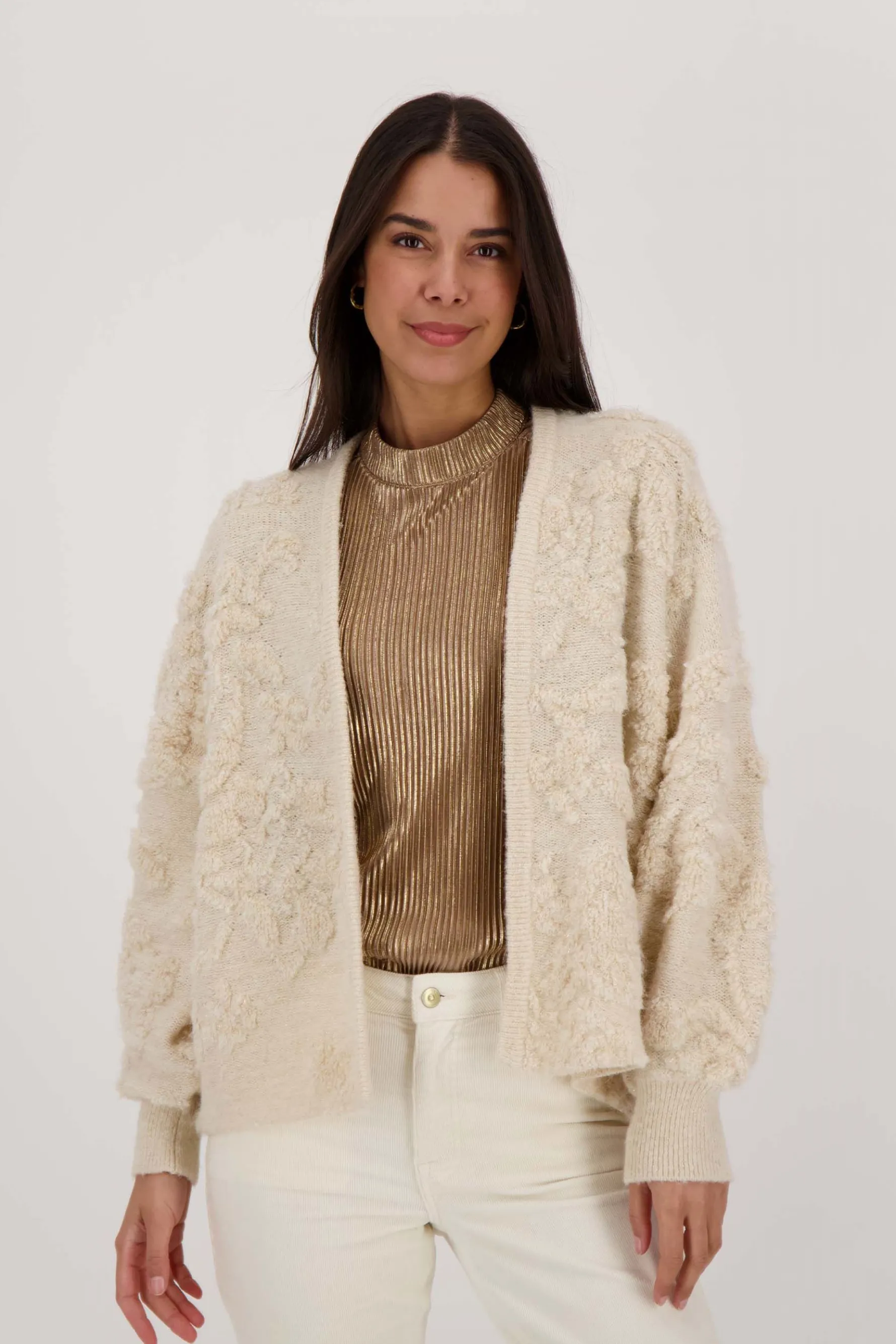 zusss openvallend vest met lurex jacquard creme