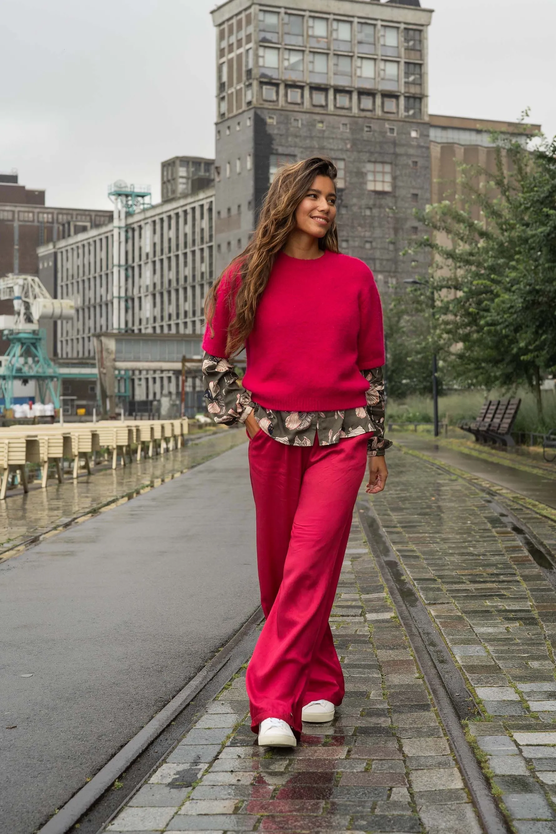 zusss satijnen twill broek roze rood