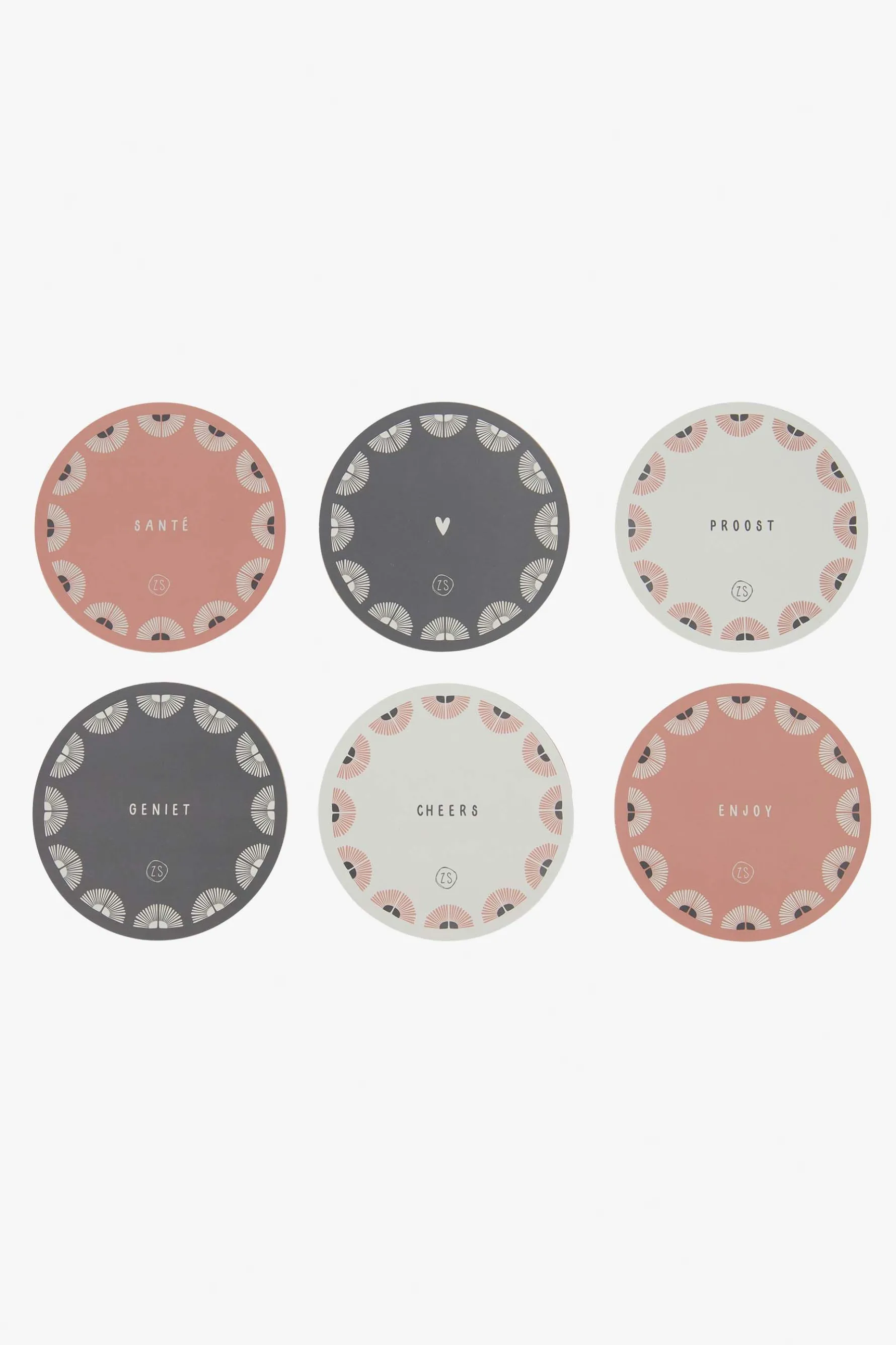 zusss Set van 6 onderzetters rond zand/antracietgrijs/terra roze
