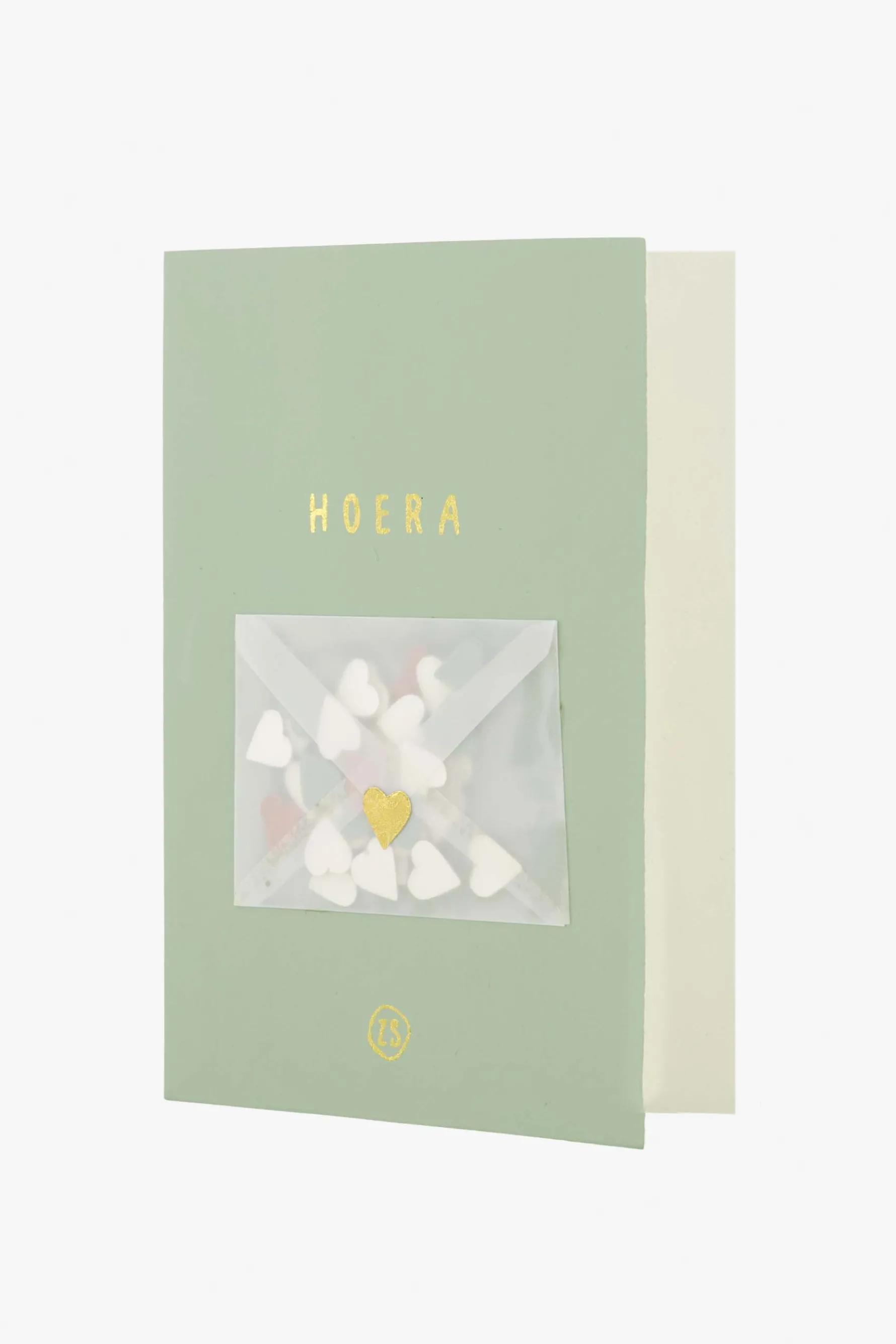 zusss wenskaart hoera met hartjes confetti saliegroen