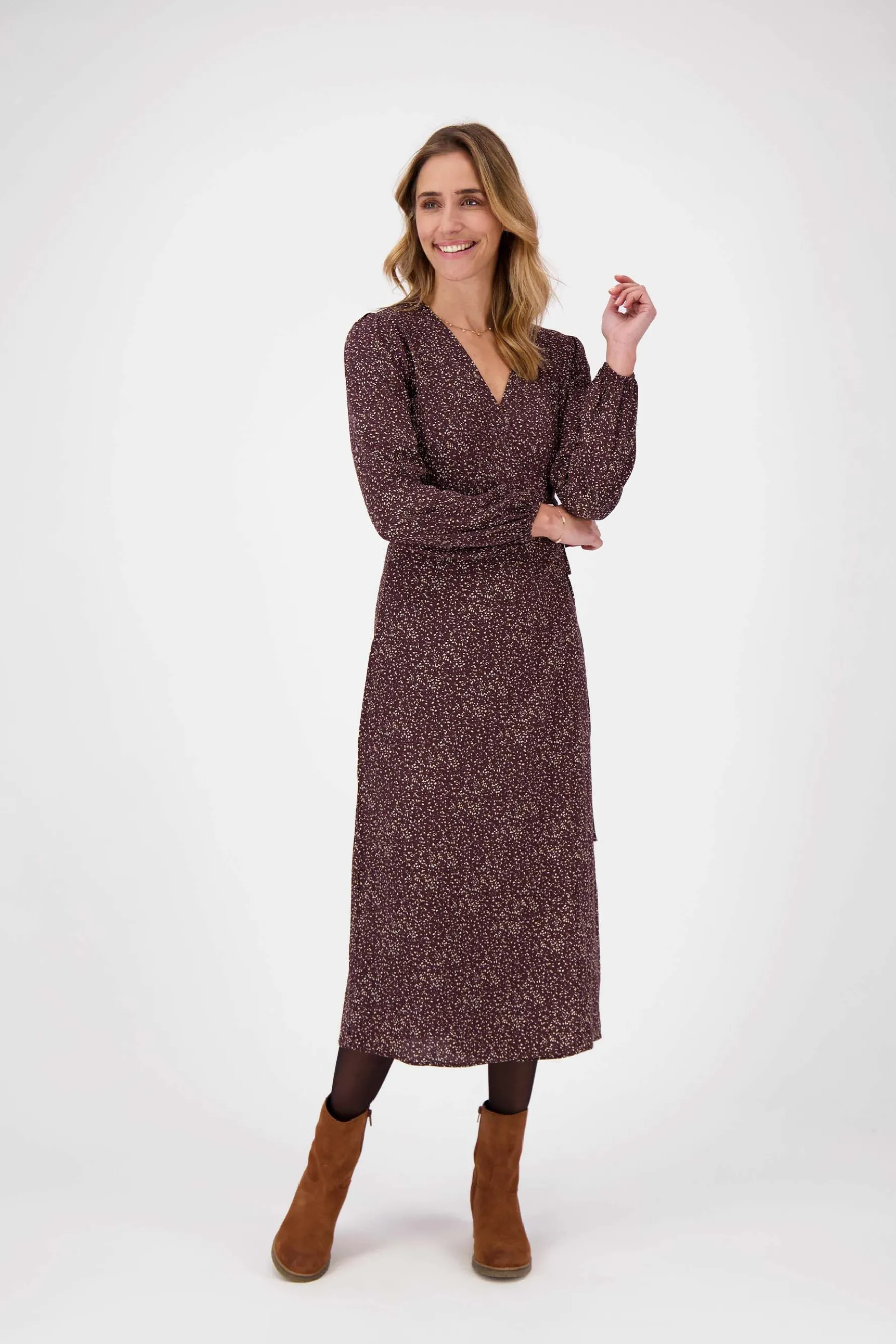 zusss wikkeljurk met print chocoladebruin