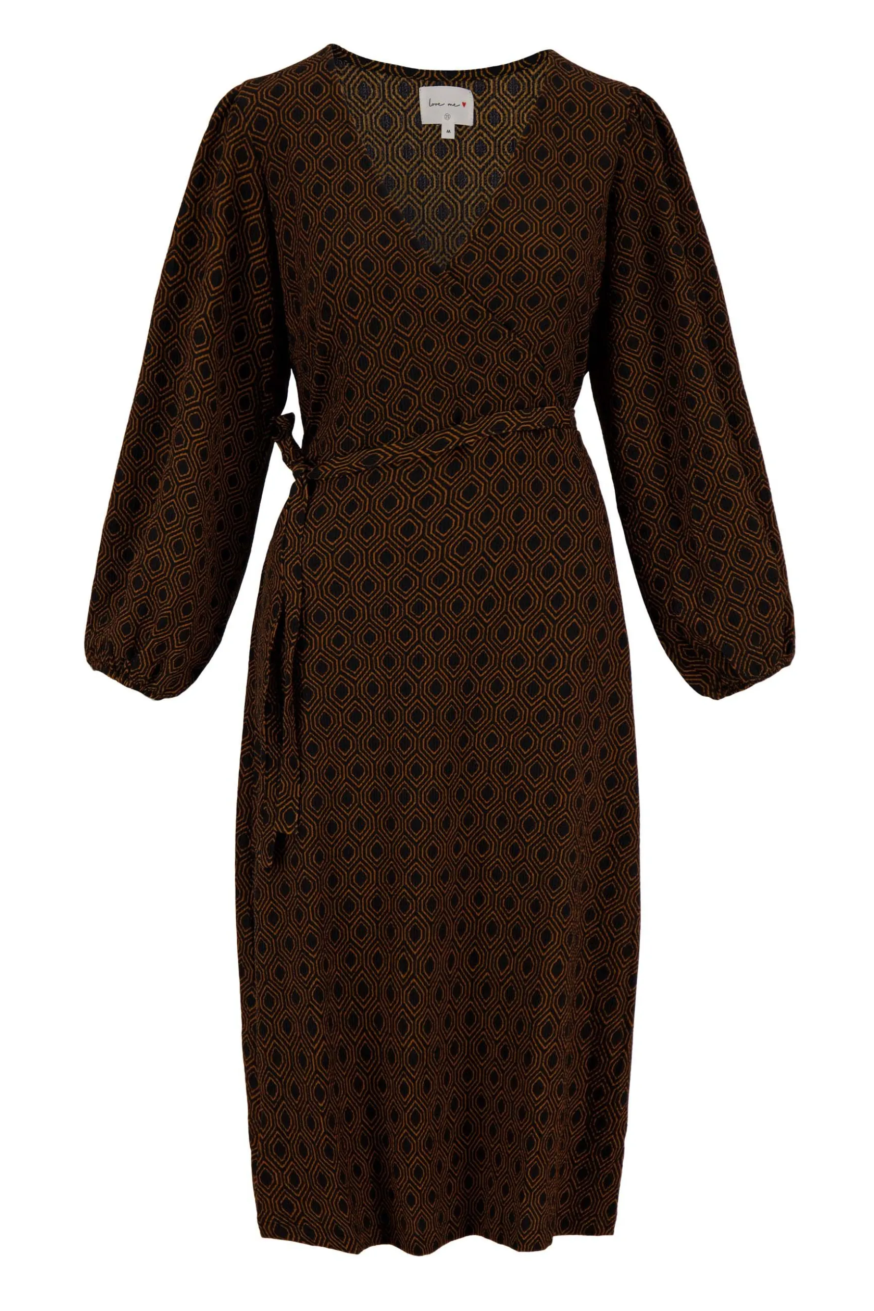 zusss wikkeljurk met blockprint zwart/camel